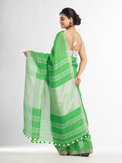 Women's Green with silver zari pallu in silver zari border handwoven linen saree