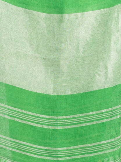 Women's Green with silver zari pallu in silver zari border handwoven linen saree