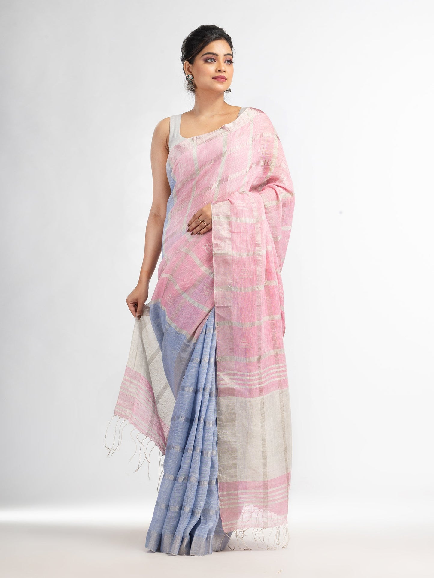 Women's Light sky pink half and half ziri check with silver zari pallu in zari border handwoven linen saree