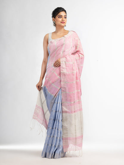 Women's Light sky pink half and half ziri check with silver zari pallu in zari border handwoven linen saree