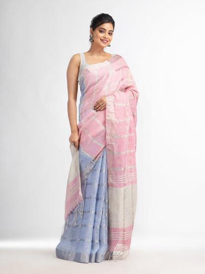 Women's Light sky pink half and half ziri check with silver zari pallu in zari border handwoven linen saree