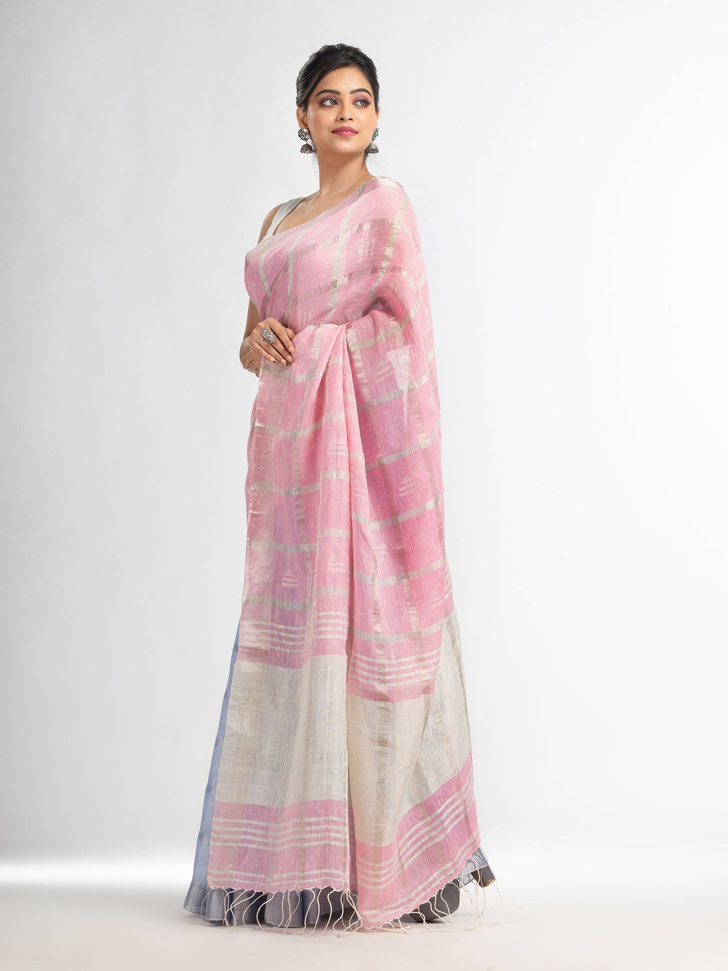 Women's Light sky pink half and half ziri check with silver zari pallu in zari border handwoven linen saree