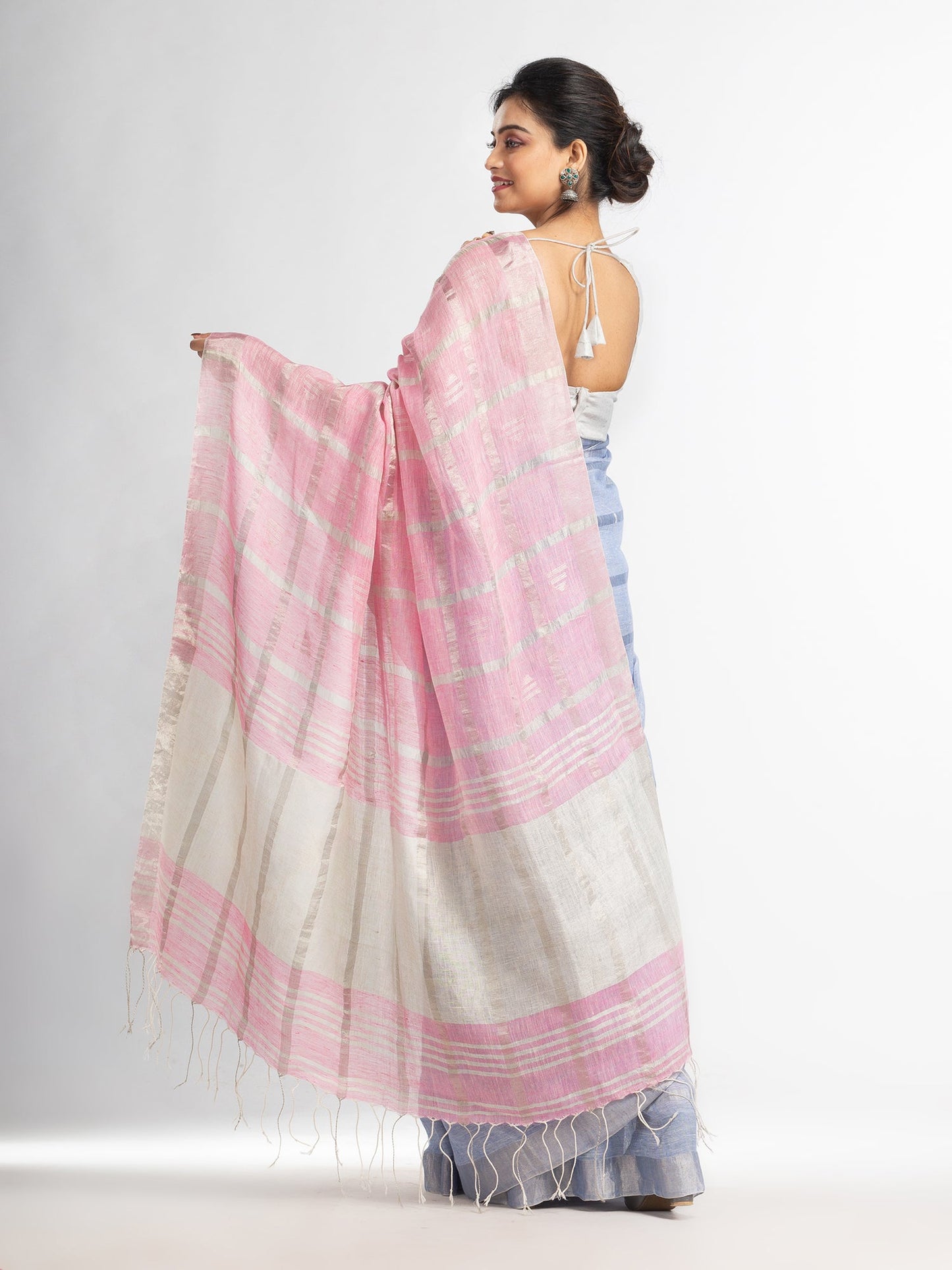 Women's Light sky pink half and half ziri check with silver zari pallu in zari border handwoven linen saree
