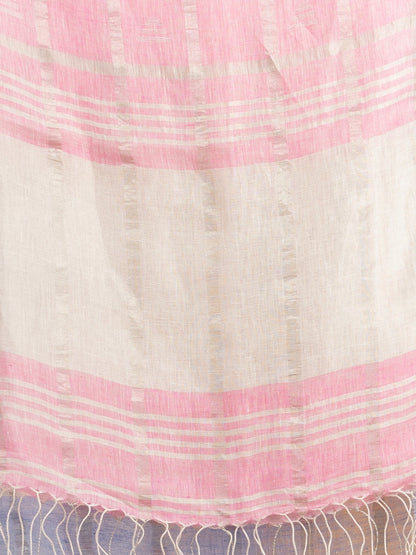 Women's Light sky pink half and half ziri check with silver zari pallu in zari border handwoven linen saree
