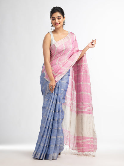 Women's Drak sky pink half and half ziri check with silver zari pallu in zari border handwoven linen saree