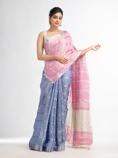 Women's Drak sky pink half and half ziri check with silver zari pallu in zari border handwoven linen saree