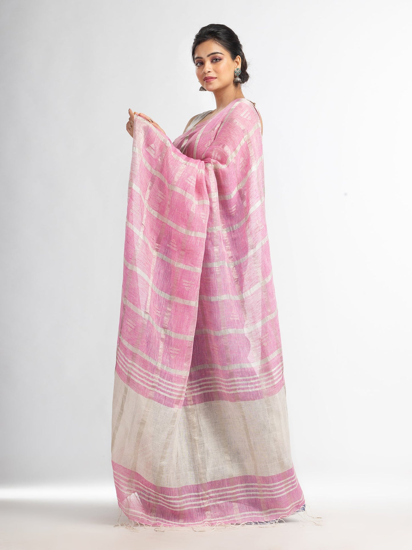 Women's Drak sky pink half and half ziri check with silver zari pallu in zari border handwoven linen saree