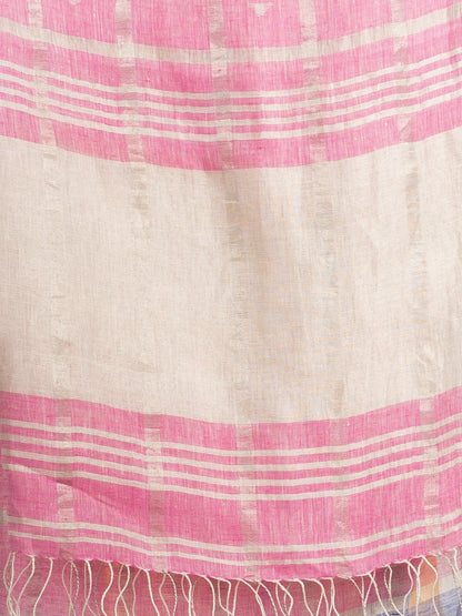 Women's Drak sky pink half and half ziri check with silver zari pallu in zari border handwoven linen saree
