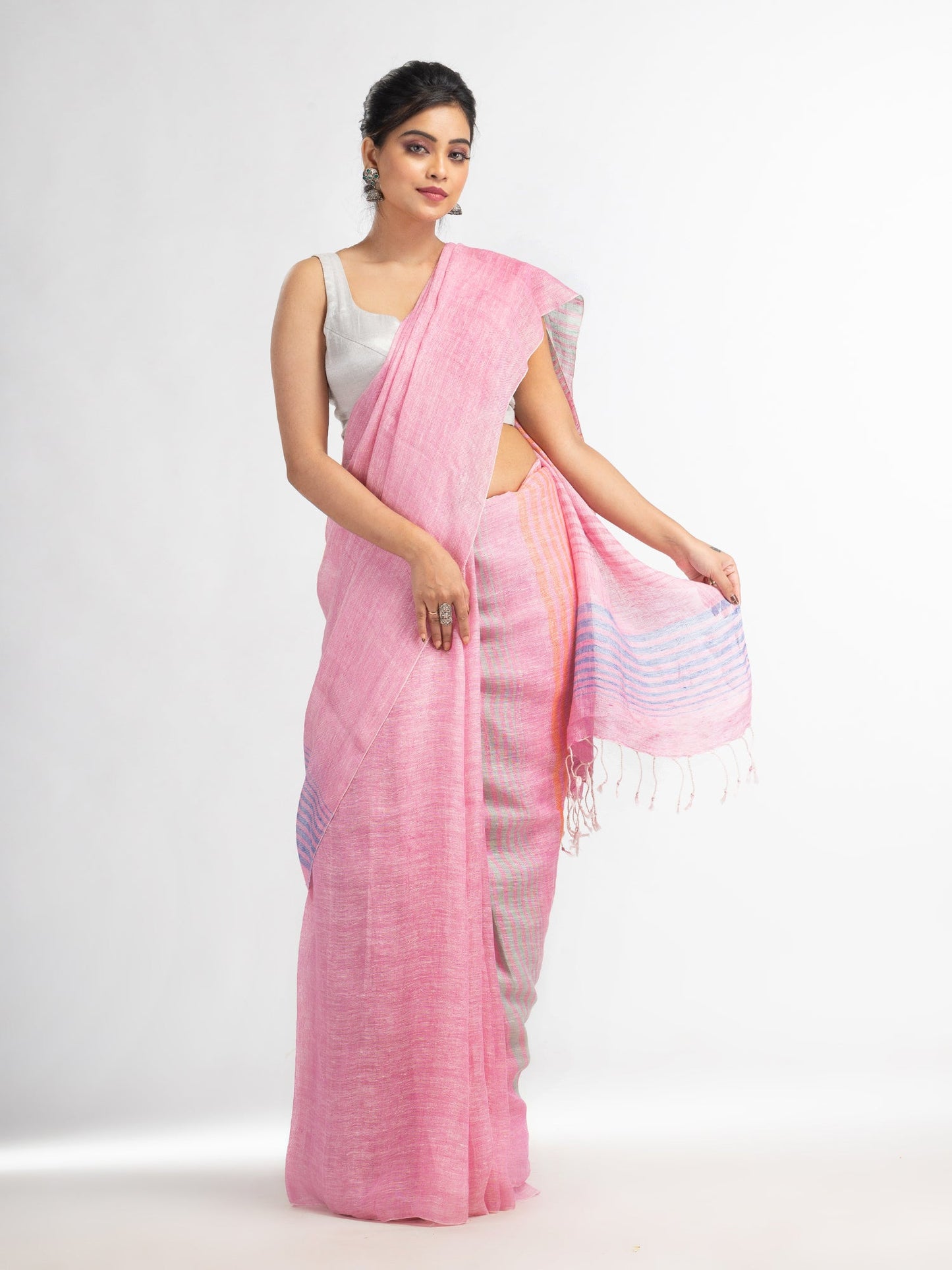 Women's Pink with multi colour pallu handwoven linen saree