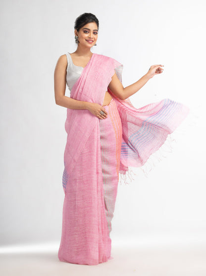 Women's Pink with multi colour pallu handwoven linen saree
