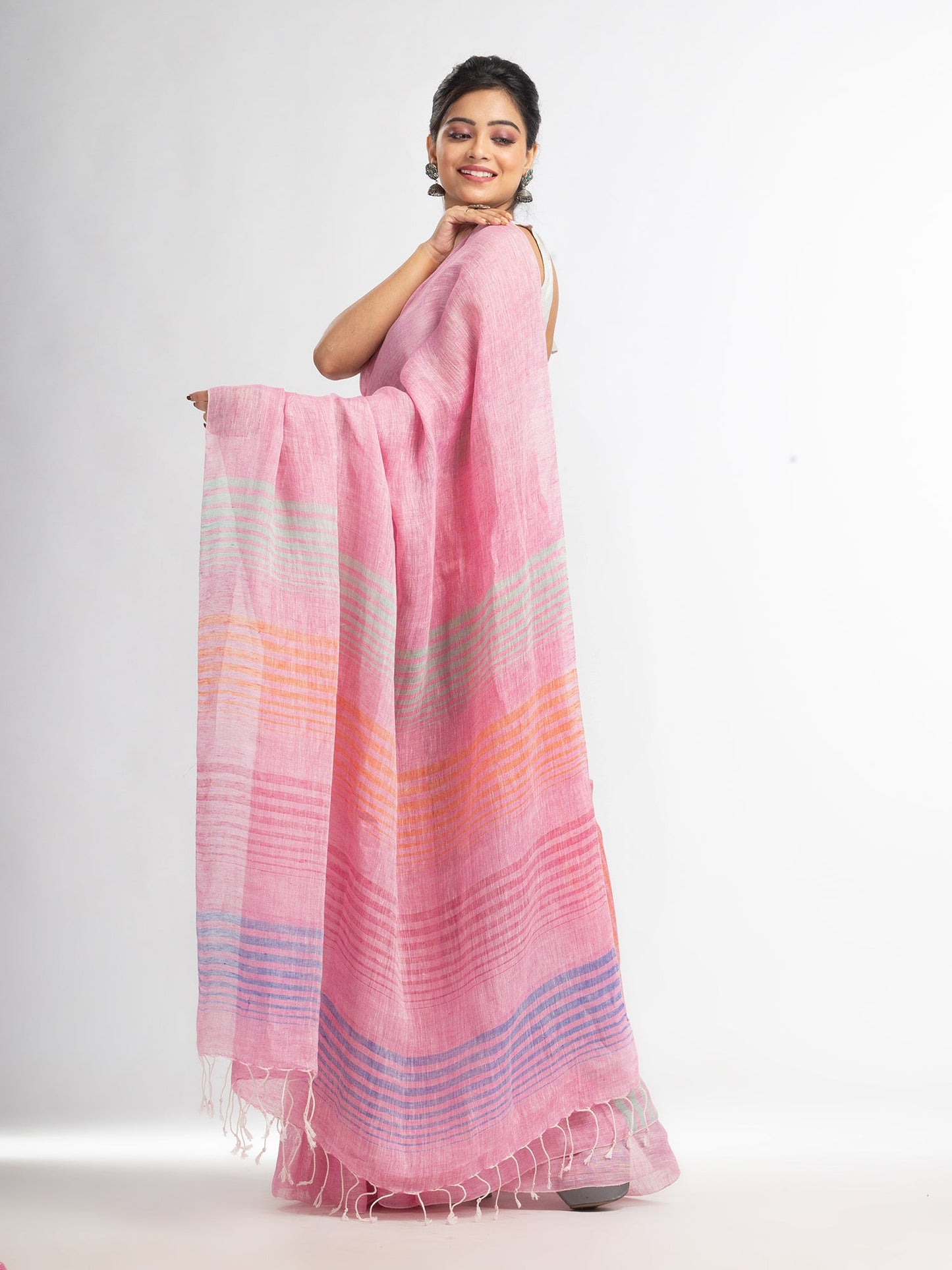 Women's Pink with multi colour pallu handwoven linen saree