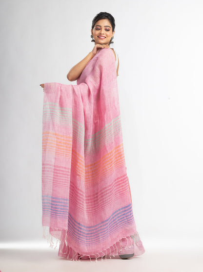 Women's Pink with multi colour pallu handwoven linen saree
