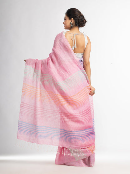 Women's Pink with multi colour pallu handwoven linen saree