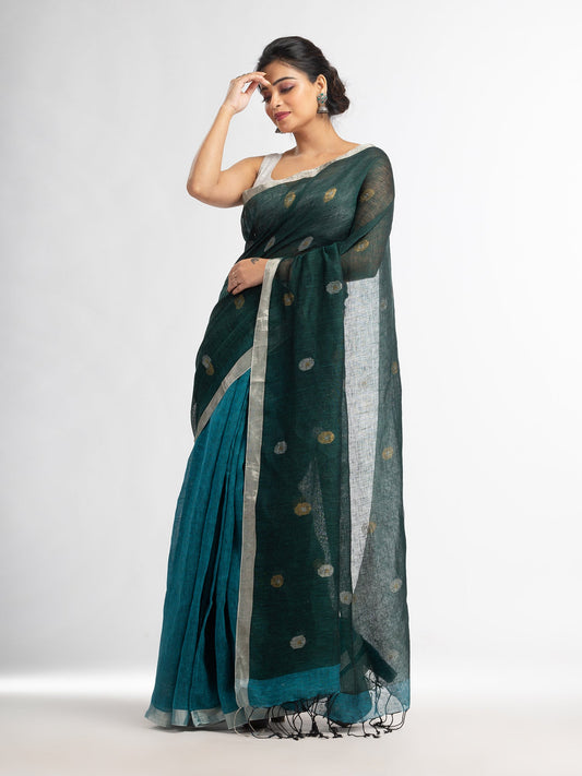 Women's Sky blue battle green half and half with ball buti pallu in silver zari border handwoven linen saree