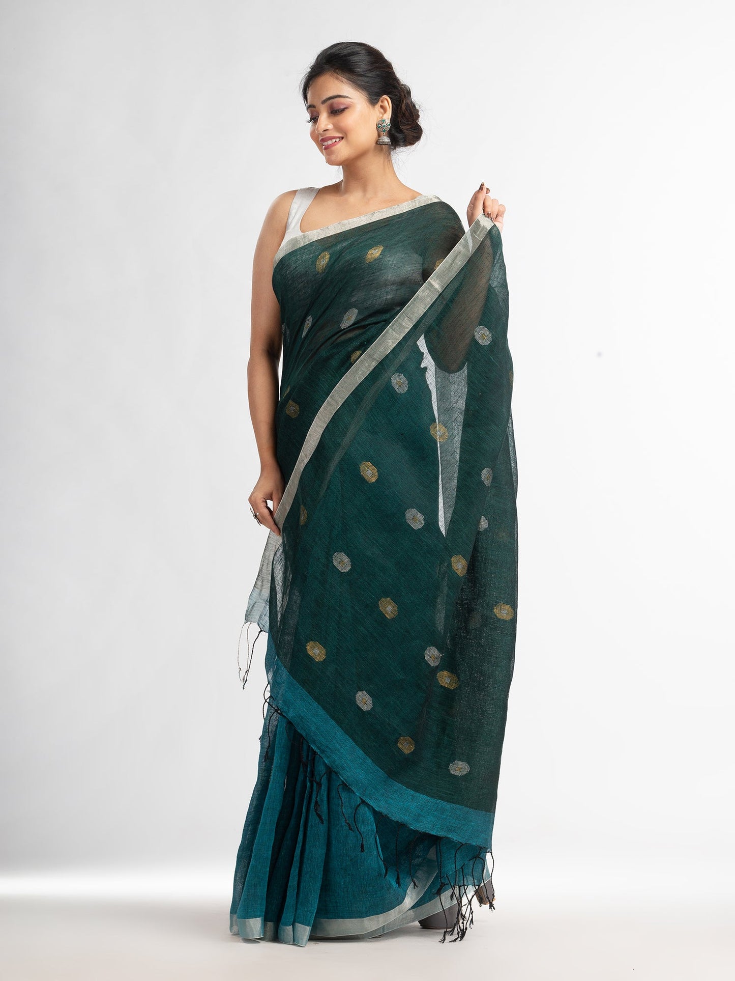 Women's Sky blue battle green half and half with ball buti pallu in silver zari border handwoven linen saree