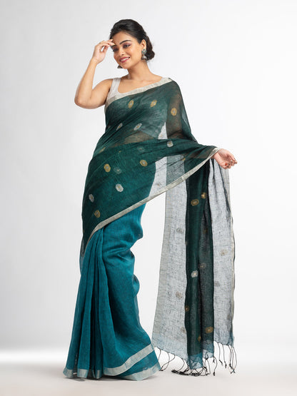 Women's Sky blue battle green half and half with ball buti pallu in silver zari border handwoven linen saree