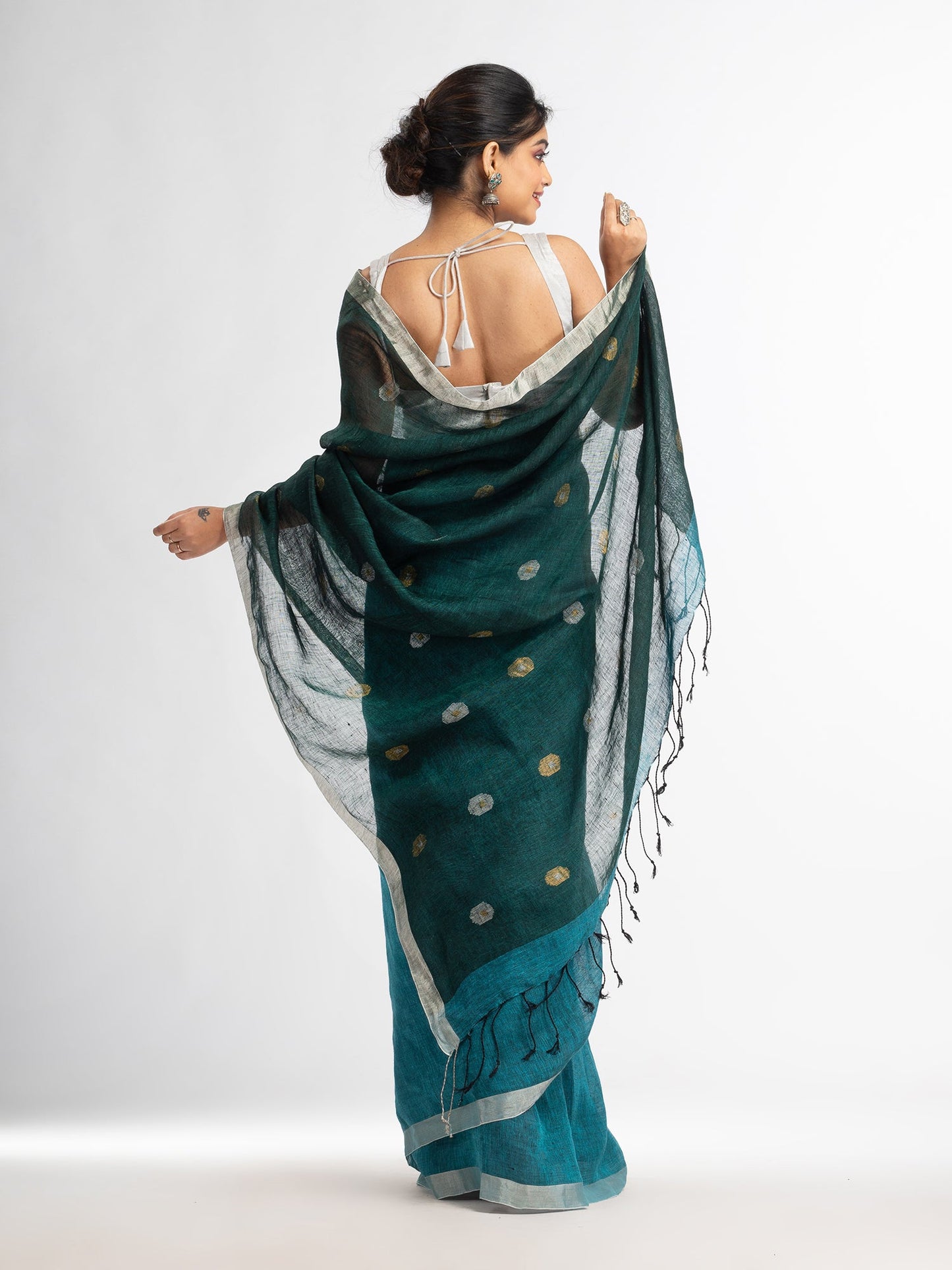 Women's Sky blue battle green half and half with ball buti pallu in silver zari border handwoven linen saree