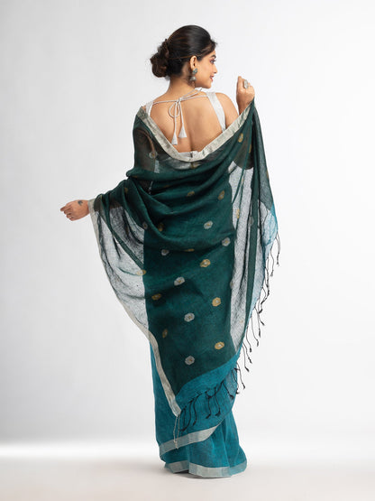 Women's Sky blue battle green half and half with ball buti pallu in silver zari border handwoven linen saree