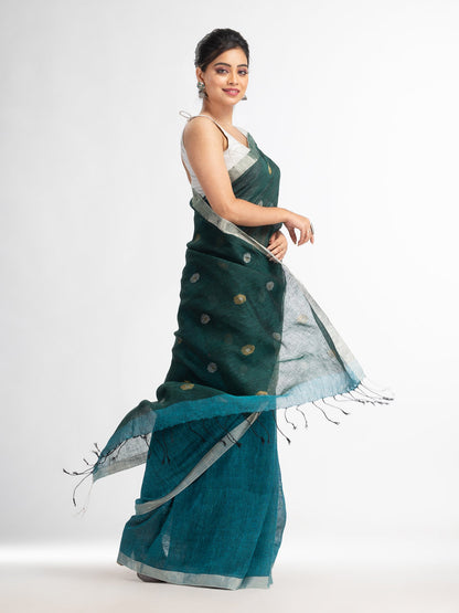 Women's Sky blue battle green half and half with ball buti pallu in silver zari border handwoven linen saree