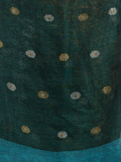 Women's Sky blue battle green half and half with ball buti pallu in silver zari border handwoven linen saree