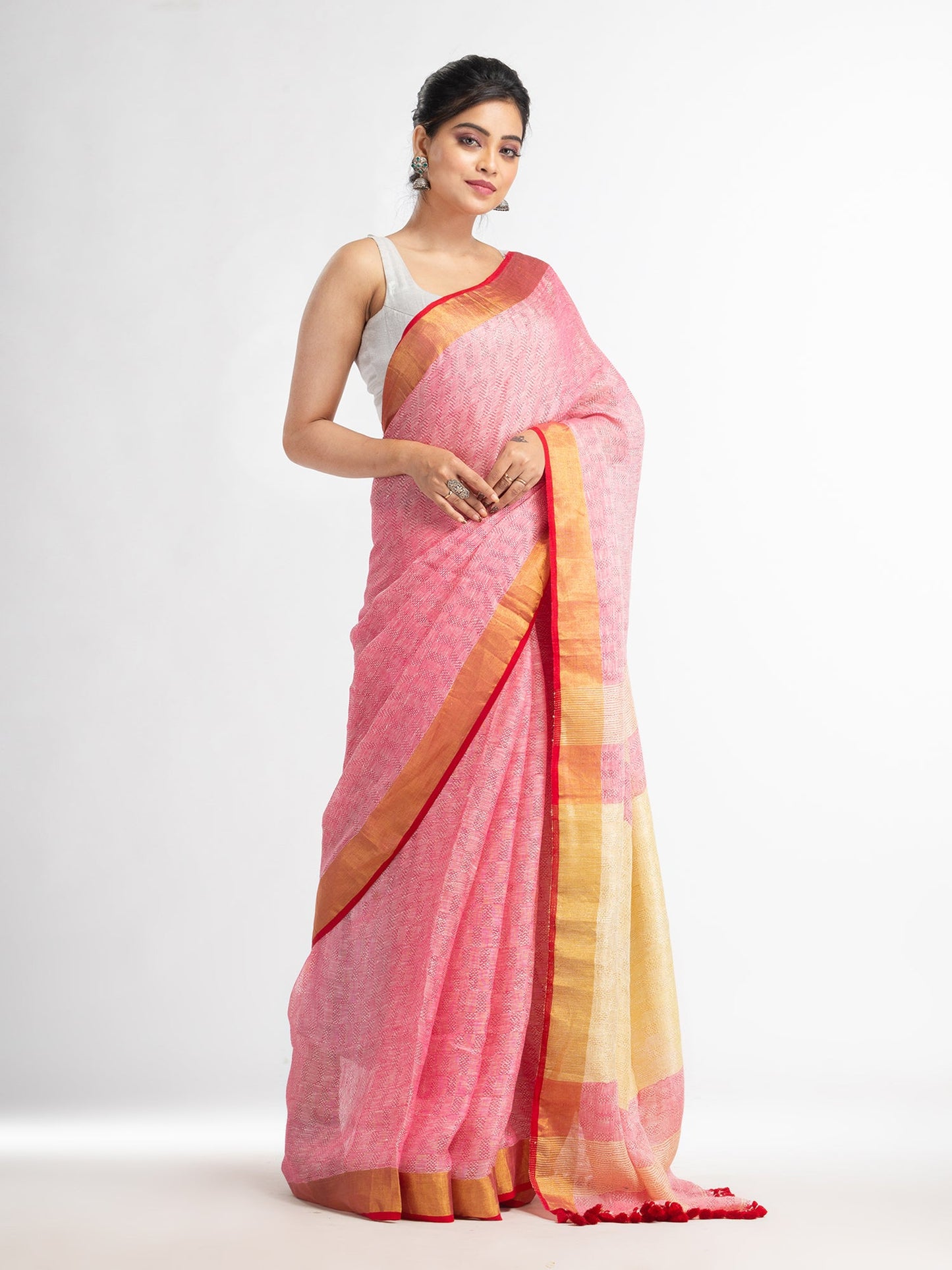 Women's red all body jacquard weaving silver zari pallu with gold zari border handwoven linen saree