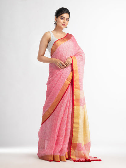 Women's red all body jacquard weaving silver zari pallu with gold zari border handwoven linen saree