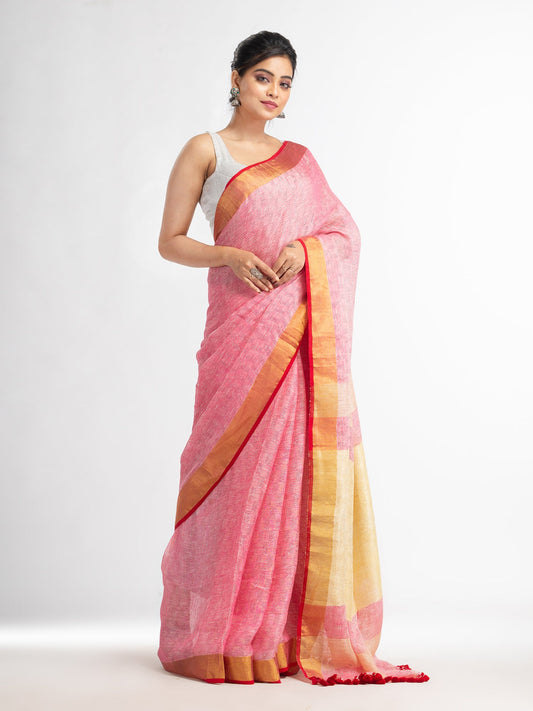 Women's red all body jacquard weaving silver zari pallu with gold zari border handwoven linen saree