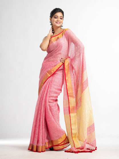 Women's red all body jacquard weaving silver zari pallu with gold zari border handwoven linen saree