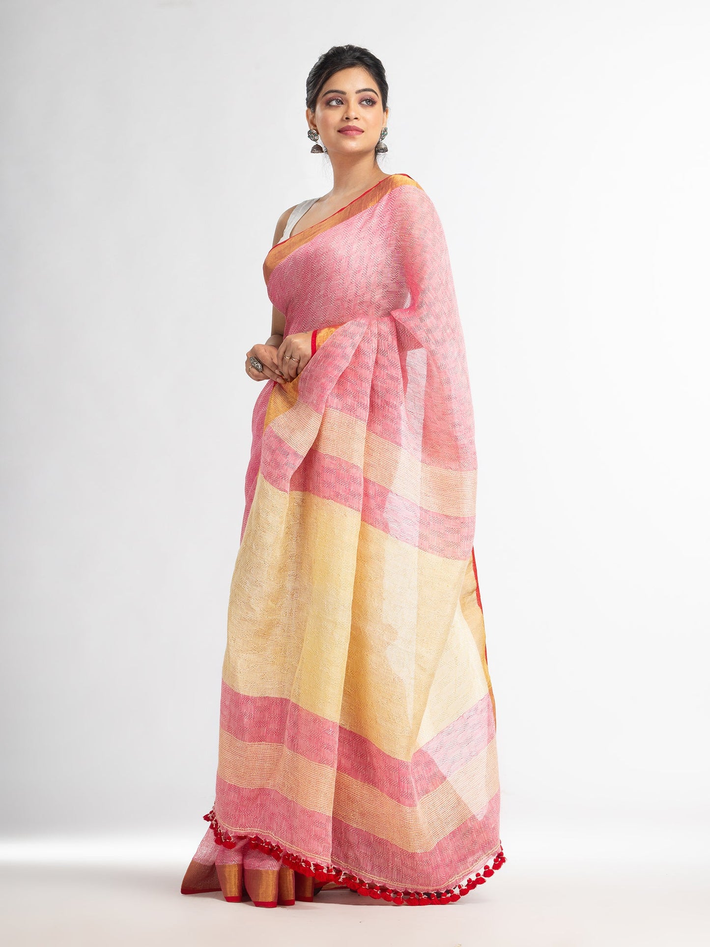 Women's red all body jacquard weaving silver zari pallu with gold zari border handwoven linen saree