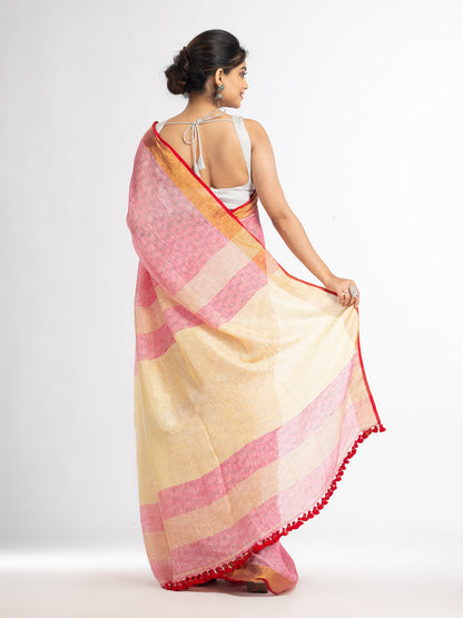 Women's red all body jacquard weaving silver zari pallu with gold zari border handwoven linen saree