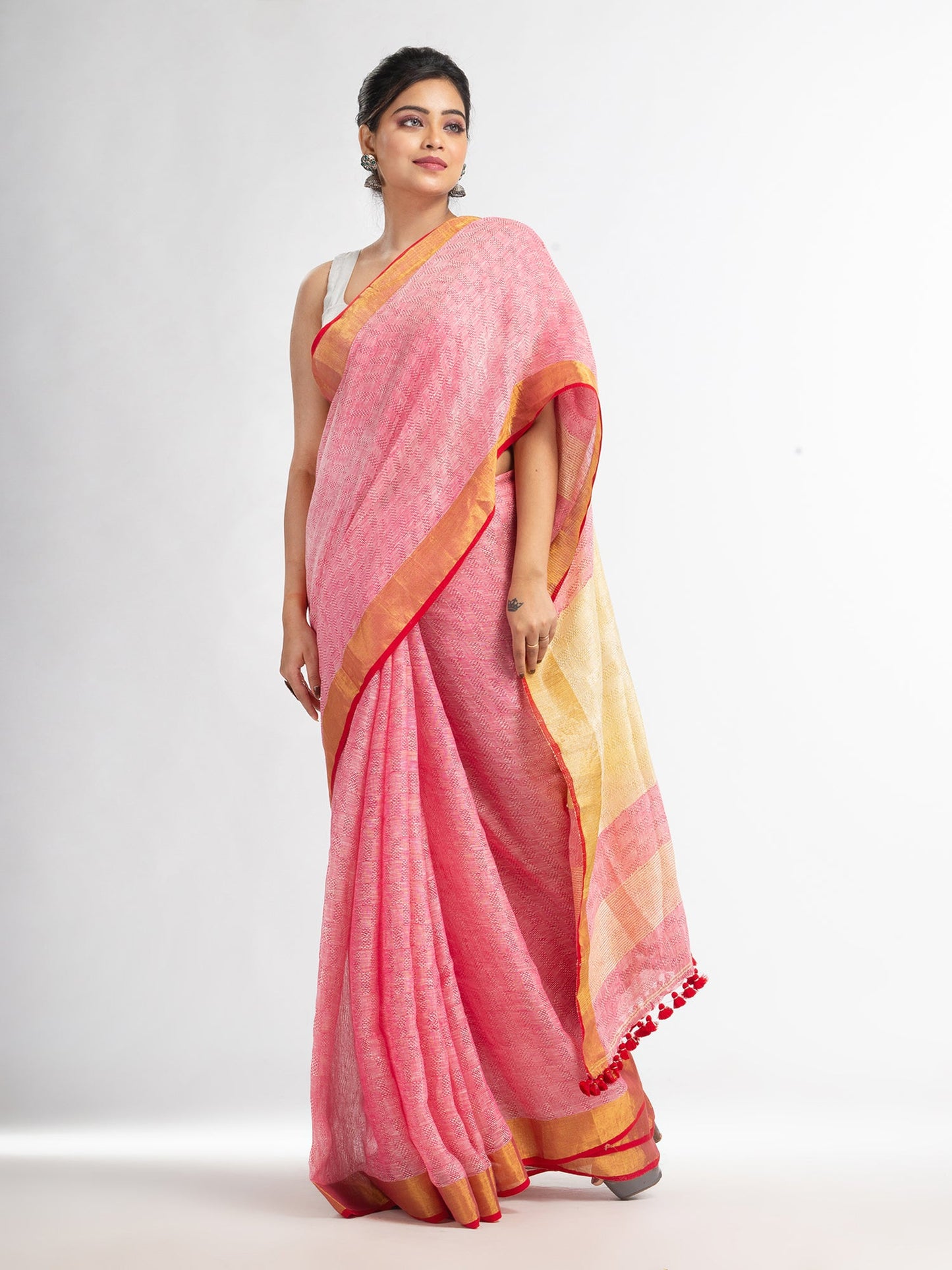 Women's red all body jacquard weaving silver zari pallu with gold zari border handwoven linen saree