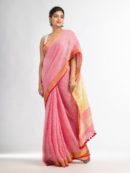 Women's red all body jacquard weaving silver zari pallu with gold zari border handwoven linen saree