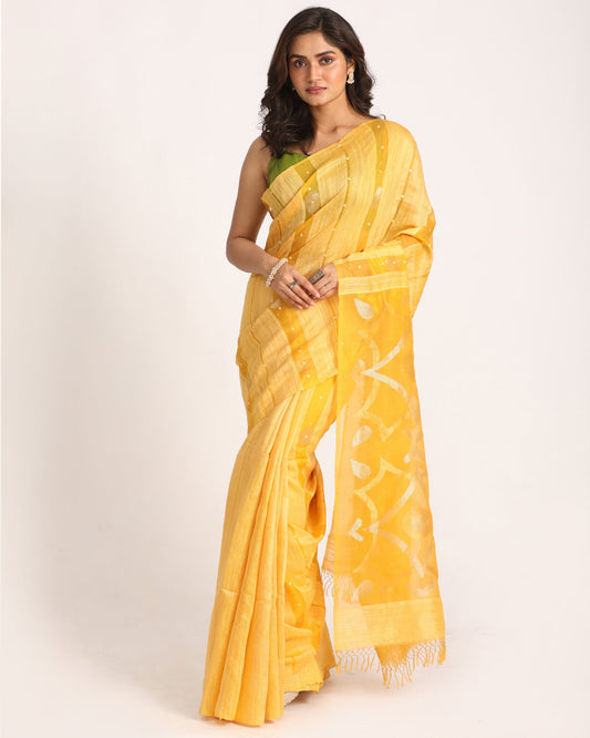 Women's Yellow Matka Silk Handloom Traditional Sequin Jamdani Saree