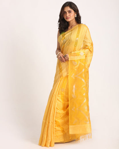 Women's Yellow Matka Silk Handloom Traditional Sequin Jamdani Saree