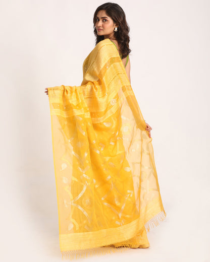 Women's Yellow Matka Silk Handloom Traditional Sequin Jamdani Saree