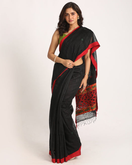 Women's Black Matka Silk Handloom Traditional Jamdani Saree