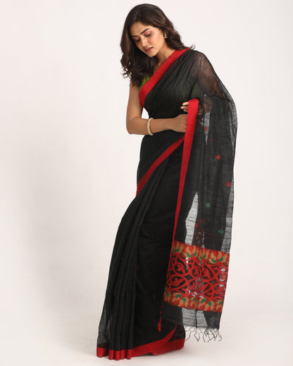 Women's Black Matka Silk Handloom Traditional Jamdani Saree