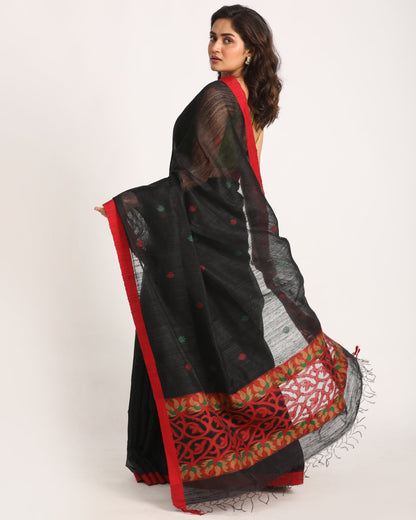 Women's Black Matka Silk Handloom Traditional Jamdani Saree