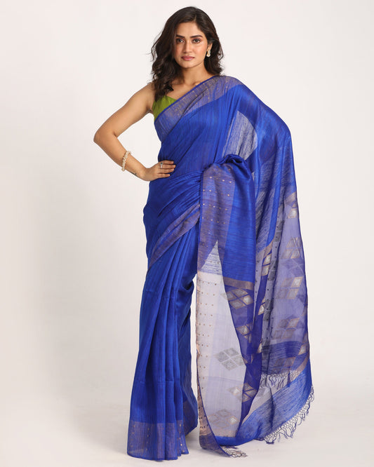 Women's Royel Blue Matka Silk Handloom Traditional Jamdani Saree