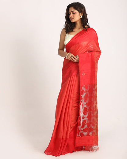Women's Red Matka Silk Handloom Traditional Sequin Jamdani Saree