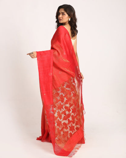 Women's Red Matka Silk Handloom Traditional Sequin Jamdani Saree