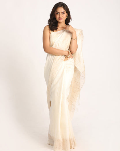 Women's White Matka Silk Handloom Traditional Sequin Jamdani Saree