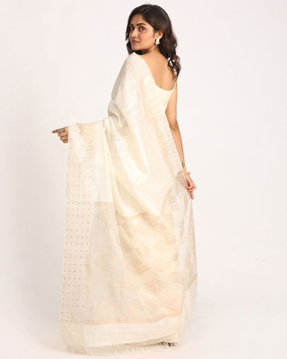 Women's White Matka Silk Handloom Traditional Sequin Jamdani Saree