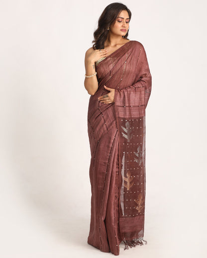 Women's Copper Rose Matka Silk Handloom Traditional Sequin Jamdani Saree