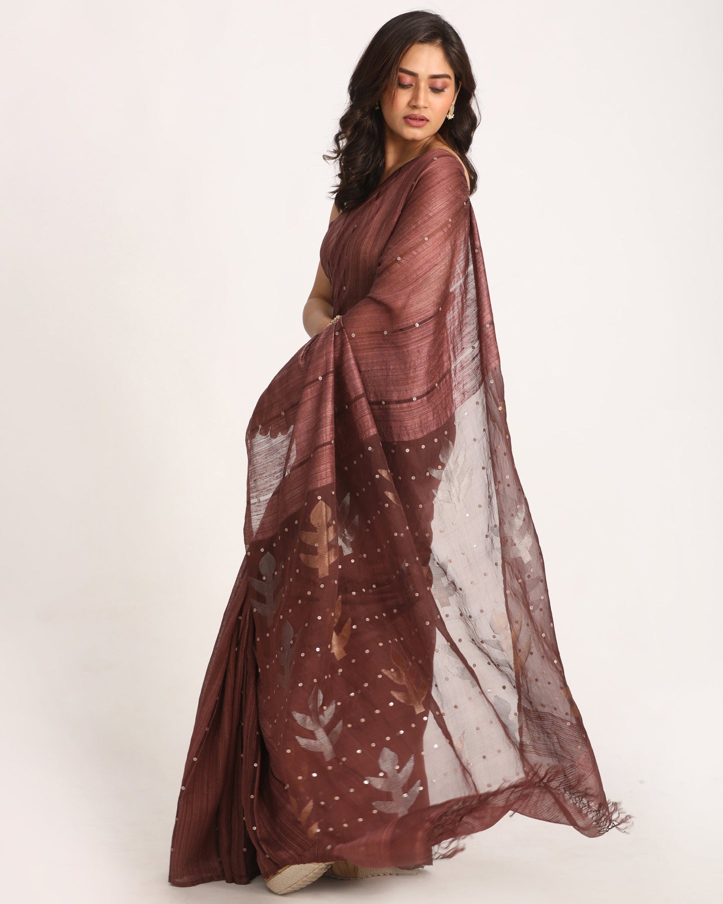 Women's Copper Rose Matka Silk Handloom Traditional Sequin Jamdani Saree