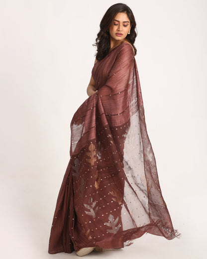 Women's Copper Rose Matka Silk Handloom Traditional Sequin Jamdani Saree