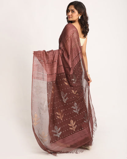 Women's Copper Rose Matka Silk Handloom Traditional Sequin Jamdani Saree