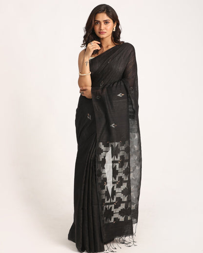 Women's Black Matka Silk Handloom Traditional Jamdani Saree