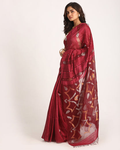 Women's Dark Fuchia Matka Silk Handloom Traditional Sequin Jamdani Saree