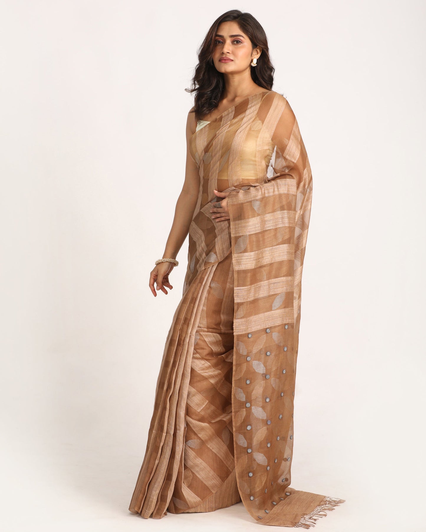 Women's Khaki Matka Silk Handloom Traditional Sequin Jamdani Saree